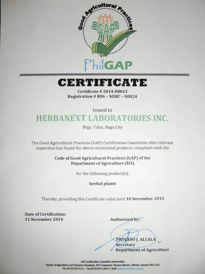 Herbanext Laboratories and Philip Cruz Certificates December 2014